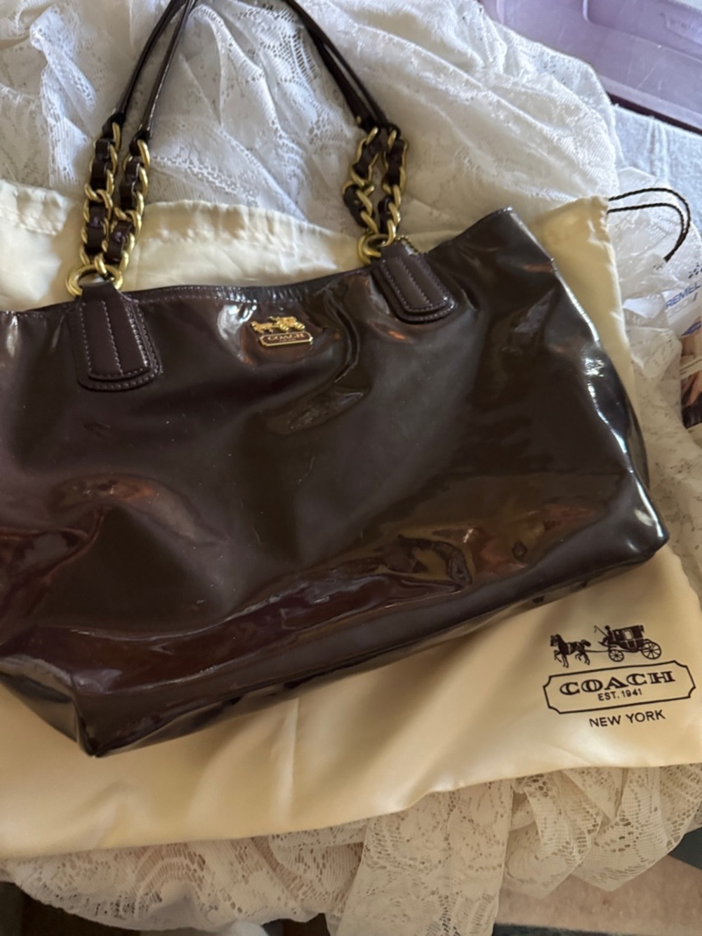 Coach Patent Leather Tote Bag in Aubergine purple .
